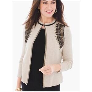 Chico’s Beaded Seed Stitch Beige Cardigan Sweater Faux Leather Trim Size 1 (Med)